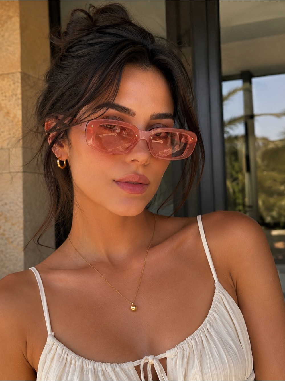 Pink Transparent Rectangular Women's Sunglasses
